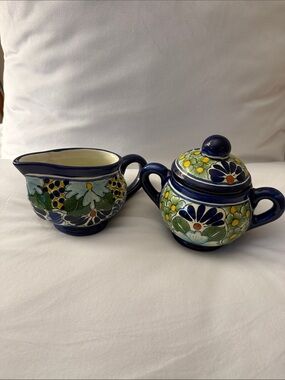 Mexican Talavera Lidded Sugar Bowl & Creamer.
